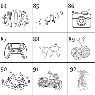 Designvorlagen (84-92) für gravierte Blumentöpfe: Backen, Musik, Fotografie, Gaming, Reisen, Stricken, Camping, Motorrad, ...