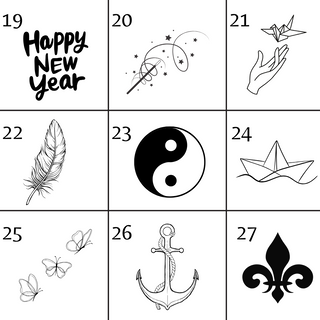 Designvorlagen für gravierte Blumentöpfe: Happy New Year, Zauberstab, Origami, Feder, Yin-Yang, Papierboot, Schmetterlinge...