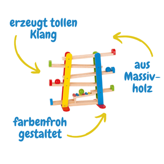 Farbenfrohe Kugelbahn aus Massivholz mit Xylophon von goki. Bunte Kugeln rollen über die Bahn und erzeugen beim Auftreffen...
