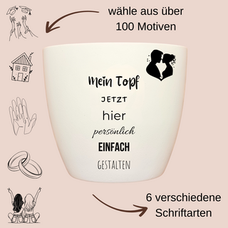Weißer, personalisierbarer Blumentopf "Mein Topf" mit Hochzeitsmotiv. Über 100 Motive & 6 Schriftarten zur Auswahl. Perfek...