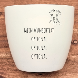 Weißer Blumentopf mit  Abschluss-Motiv und Platz für individuellen Wunschtext. Personalisierbares Geschenk von Natur Macher.