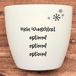 Weißer Blumentopf mit Schneeflockenmuster und individualisierbarem Wunschtext. Personalisierbares Geschenk von Natur Macher.