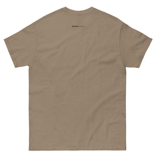 Beiges Unisex-T-Shirt mit Bensheim Skyline, Marke Naturmacher, Rückansicht.