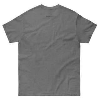 Graues Unisex-T-Shirt von Naturmacher mit Bensheim Skyline, Rückansicht, schlichtes Design.