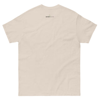 Beiges Unisex-T-Shirt von Naturmacher mit Bensheim Skyline, Rückansicht.