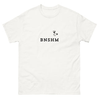 Weißes Unisex-T-Shirt mit "BNSHM" und Weinglas-Design von Naturmacher.
