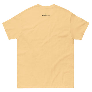 Gelbes Unisex-T-Shirt mit Bensheim Skyline, hergestellt von Naturmacher, Rückansicht.