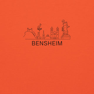 Orange Sweatshirt mit Bensheim Skyline-Design, ideal für Heimatverbundene.