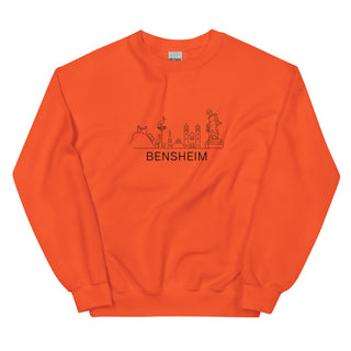 Orange Sweatshirt mit Bensheim Skyline und Schriftzug, ideal für Heimatverbundene und kühle Tage.