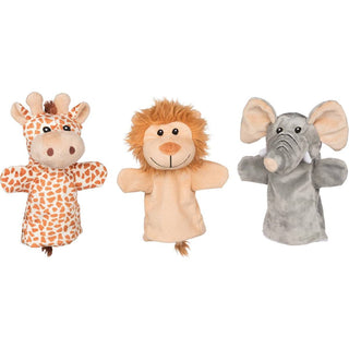 Drei GoKi Handpuppen: Giraffe, Löwe und Elefant. Weiche Stofftiere für fantasievolles Spielen.