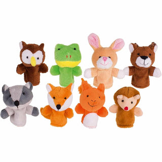Acht Fingerpuppen von Goki in Form von Waldtieren: Fuchs, Hase, Eule, Waschbär, Hirsch, Igel, Frosch und Eichhörnchen. Ide...
