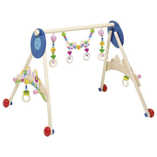 Goki bunter Baby-Spieltrainer aus Holz mit Pferdchen, Blumen und Ringen zum Greifen und Spielen. Fördert Motorik und Koord...