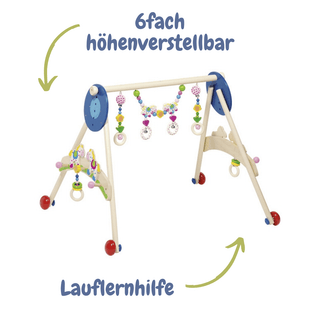 Goki bunter Baby-Spieltrainer aus Holz mit hängenden Spielzeugen und Ringen. Höhenverstellbar, fördert Motorik und Spielspaß.