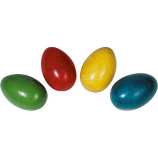 !Bunte Egg Shaker von Goki in Rot, Gelb, Grün und Blau, ideal für kindgerechtes Musizieren.