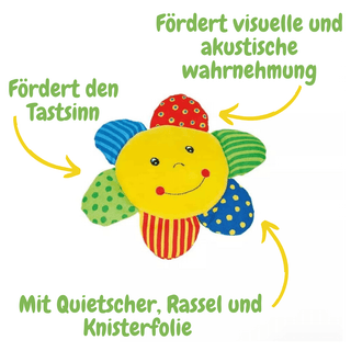 Goki Hör- und Fühlsonne, gelbes Gesicht, bunte Blütenblätter, mit Quietscher, Rassel und Knisterfolie, für Babys.