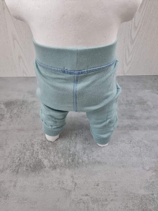 Hellblaue Bio-Baumwoll-Krabbelhose Froggy von Living Crafts, Rückansicht.