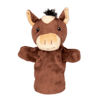 Goki braune Wildpferd-Handpuppe aus Plüsch mit beigefarbener Blesse und schwarzer Mähne.
