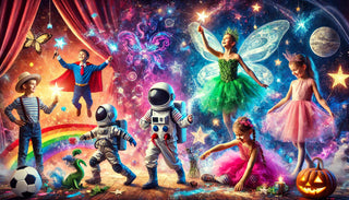 Kinder in fantasievollen Kostümen, umgeben von Märchenfiguren und bunten Lichtern, fördern Kreativität und Entwicklung.
