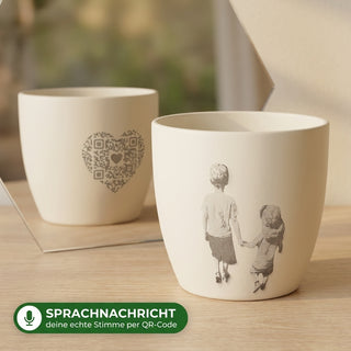 Foto-Sprachtopf mit Fotogravur und Sprachnachricht per QR-Code