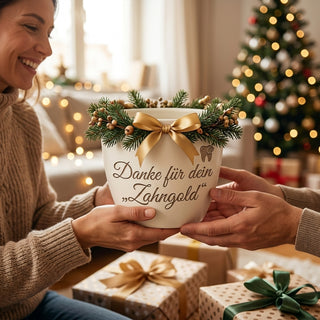 Personalisierter Blumentopf mit Gravur — Danke-Geschenk Zahntechniker — als persoenliche Geschenk-Uebergabe