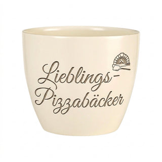 Blumentopf mit Gravur Lieblings-Pizzabäcker — Geschenk Pizzabäcker — Detailansicht der Lasergravur