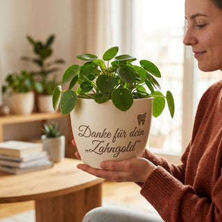 Personalisierter Blumentopf mit Gravur — Danke-Geschenk Zahntechniker — im Wohnambiente