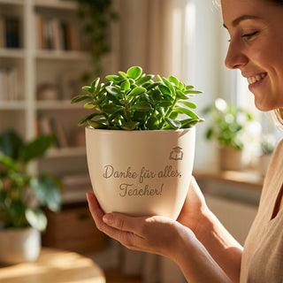Personalisierter Blumentopf — Geschenk Englischlehrer Abschied Dankeschön — im Wohnambiente