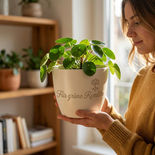 Personalisierter Blumentopf mit Gravur — Geschenk für Fondsmanager — im Wohnambiente