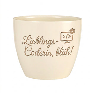 Personalisierter Blumentopf "Lieblings-Coderin" — Geschenk Programmiererin — Detailansicht der Lasergravur