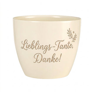 Personalisierter Blumentopf — Geschenk Tante mit Gravur »Lieblings-Tante« — Detailansicht der Lasergravur