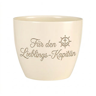 Personalisierter Blumentopf »Für den Lieblings-Kapitän« — Geschenk Seemann — Detailansicht der Lasergravur