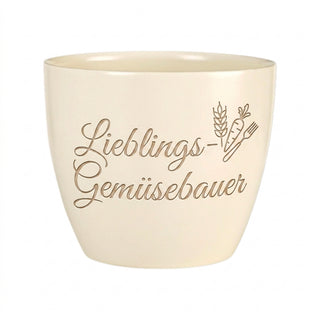 Personalisierter Blumentopf mit Gravur — Geschenk Gemüsebauer — Detailansicht der Lasergravur