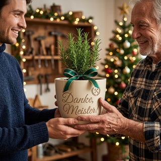 Blumentopf mit Gravur 'Danke, Meister!' — Geschenk Werkzeugmechaniker Abschied — als persoenliche Geschenk-Uebergabe