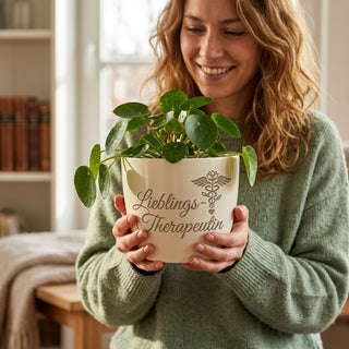 Personalisierter Blumentopf mit Gravur — Geschenk Psychotherapeutin — im Wohnambiente