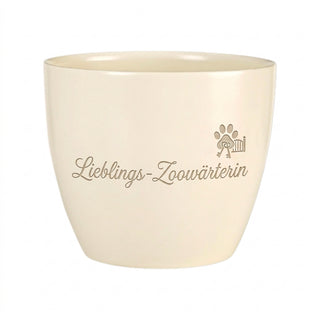 Personalisierter Blumentopf mit Gravur — Geschenk Zoowärterin Dank Abschied — Detailansicht der Lasergravur