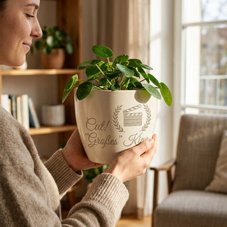 Personalisierter Blumentopf mit Gravur — Geschenk Filmproduzent — im Wohnambiente