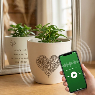 Sprachtopf: herzförmigen QR-Code mit dem Handy scannen und persönliche Sprachnachricht hören – Gravur-Design auf der Rückseite