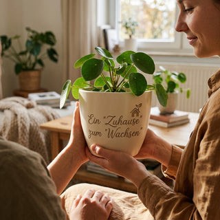 Personalisierter Blumentopf mit Gravur — Geschenk Immobilienkaufmann — im Wohnambiente