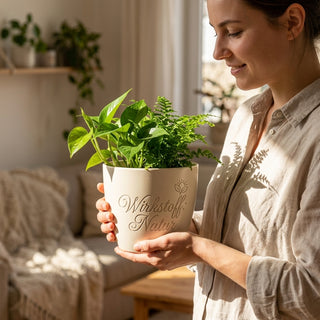 Personalisierter Blumentopf mit Gravur 'Wirkstoff Natur' — Geschenk Pharmazeut — im Wohnambiente