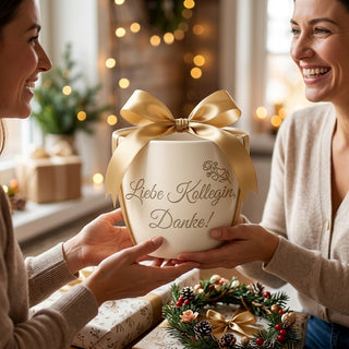 Personalisierter Blumentopf mit Gravur — Geschenk für die Pensionärin zum Abschied — als persoenliche Geschenk-Uebergabe