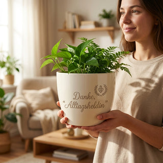 Blumentopf mit Gravur „Danke, Alltagsheldin“ — Geschenk für Sozialarbeiterin — im Wohnambiente