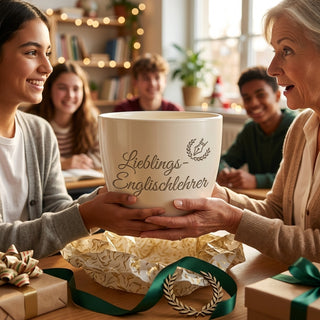 Personalisierter Blumentopf mit Gravur — Geschenk Englischlehrer Abschied — als persoenliche Geschenk-Uebergabe