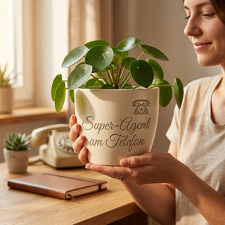 Personalisierter Blumentopf mit Gravur — Geschenk für Callcenter Agent — im Wohnambiente
