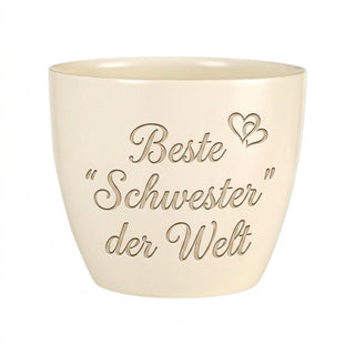 Personalisierter Blumentopf „Beste Schwester der Welt“ — Geschenk für Schwester — Detailansicht der Lasergravur