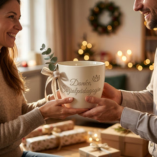 Personalisierter Blumentopf mit Gravur — Danke-Geschenk für Sozialpädagogin — als persoenliche Geschenk-Uebergabe