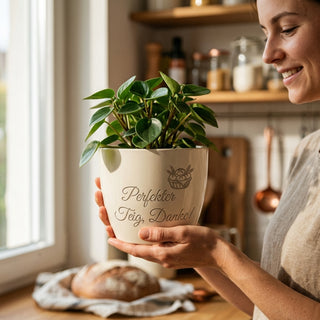 Personalisierter Blumentopf mit Gravur — Geschenk Pizzabäcker Dankeschön — im Wohnambiente