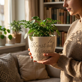 Personalisierter Blumentopf mit Gravur — Geschenk Nageldesignerin — im Wohnambiente