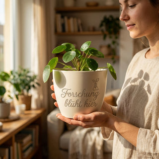 Personalisierter Blumentopf — Geschenk Laborantin Forschung blüht hier — im Wohnambiente