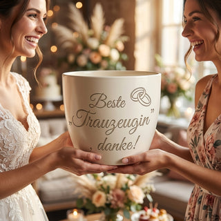 Personalisierter Blumentopf — Geschenk Brautjungfer Hochzeit Trauzeugin — als persoenliche Geschenk-Uebergabe
