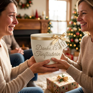 Personalisierter Blumentopf mit Gravur — Danke Geschenk für Tierfreunde — als persoenliche Geschenk-Uebergabe